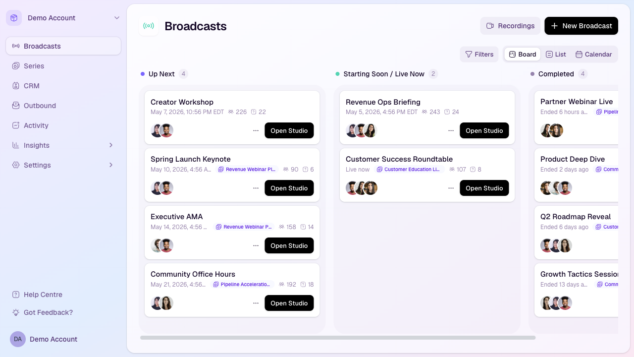 The HeyStream broadcasts dashboard where a team can review upcoming, live, and completed broadcasts before going live.