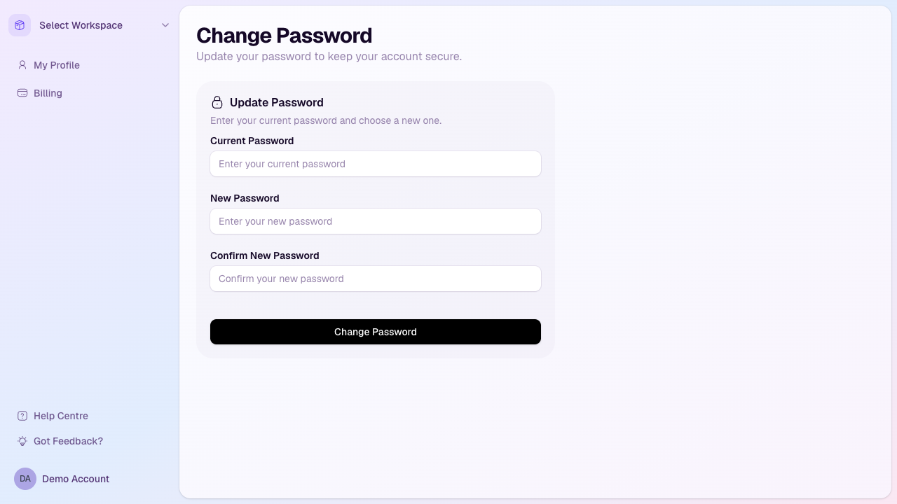 The HeyStream Change Password page showing current password, new password, and confirmation fields.