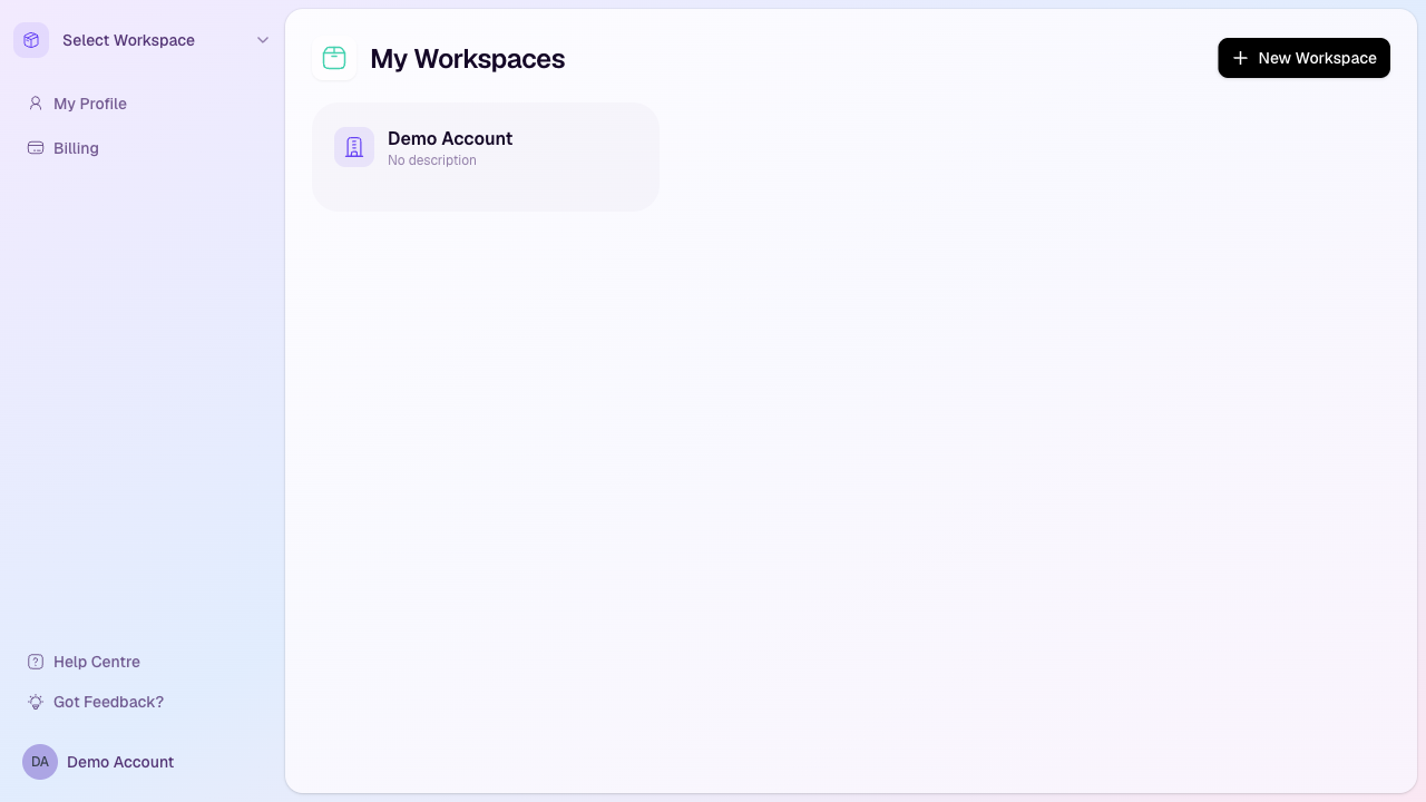The HeyStream My Workspaces page showing an existing workspace and the New Workspace button.