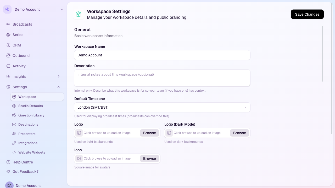 The HeyStream Workspace Settings page showing workspace name, timezone, logo, dark logo, and icon fields.