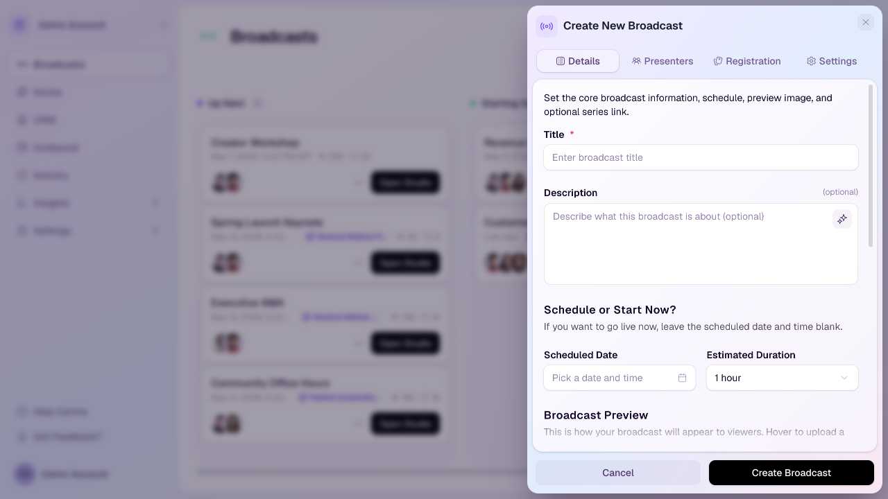The HeyStream Create New Broadcast form showing details, schedule, description, duration, preview image, and series options.
