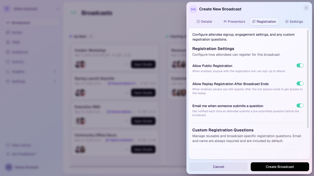 The HeyStream broadcast Registration tab showing public registration, replay registration, question notifications, and custom registration questions.