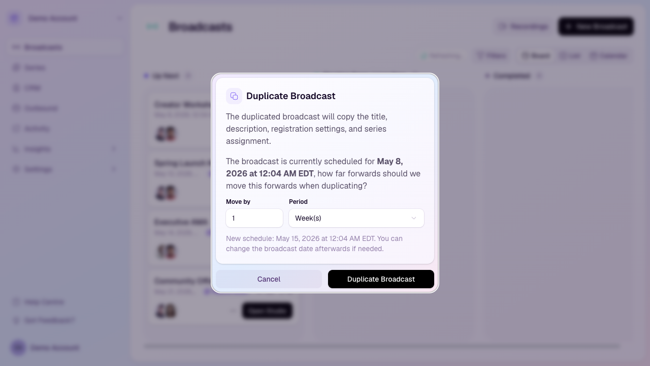 Duplicate Broadcast dialog with schedule shift controls