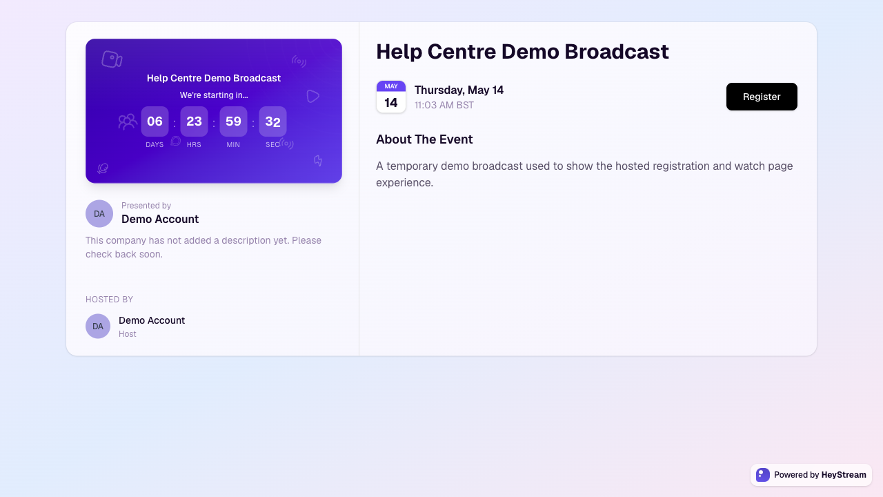 Hosted registration page with broadcast details and register button