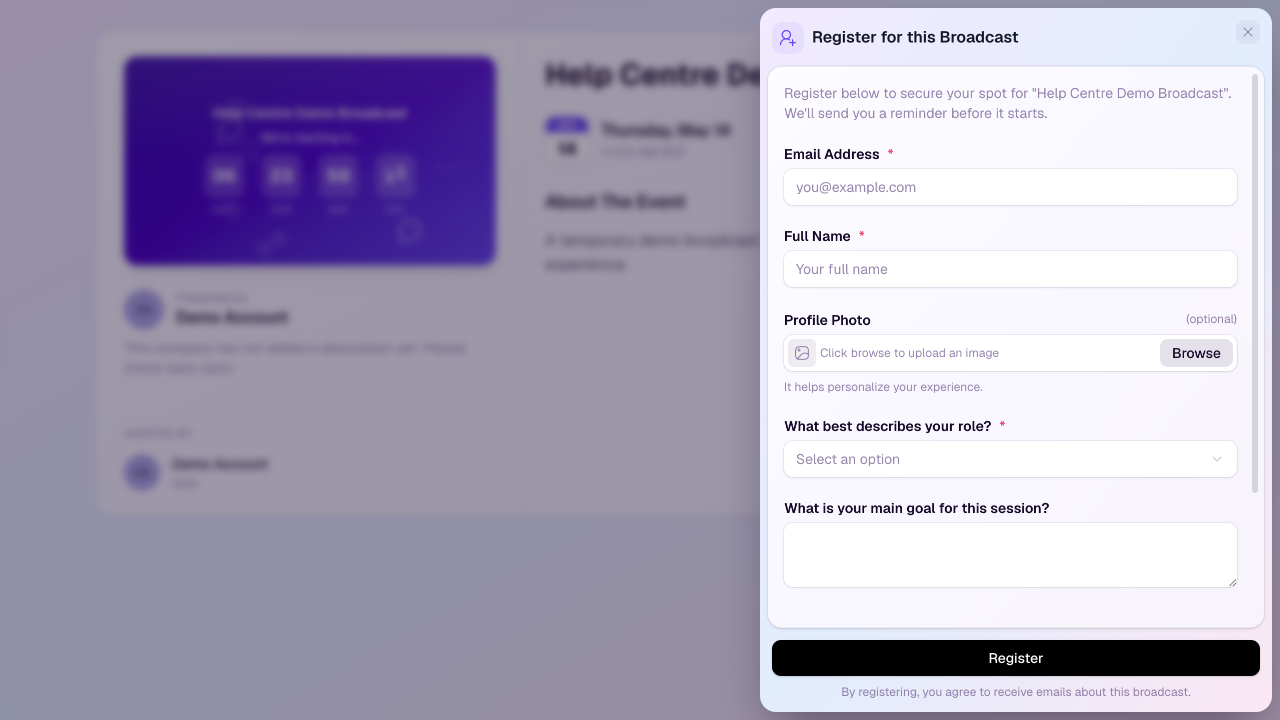 Registration drawer showing custom questions on the hosted registration form