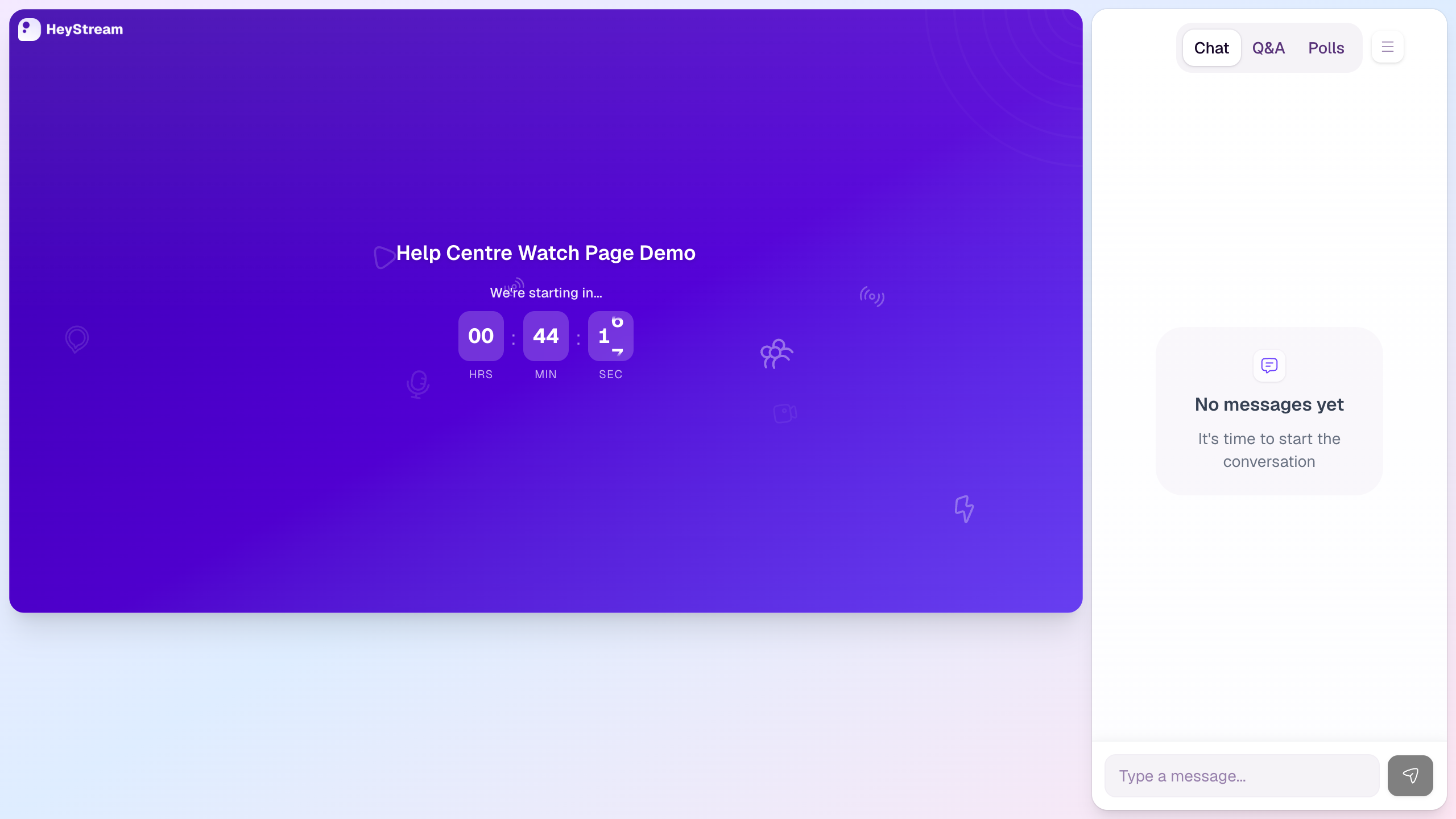 Hosted watch page showing the stream frame and attendee chat, Q&A, and polls panel