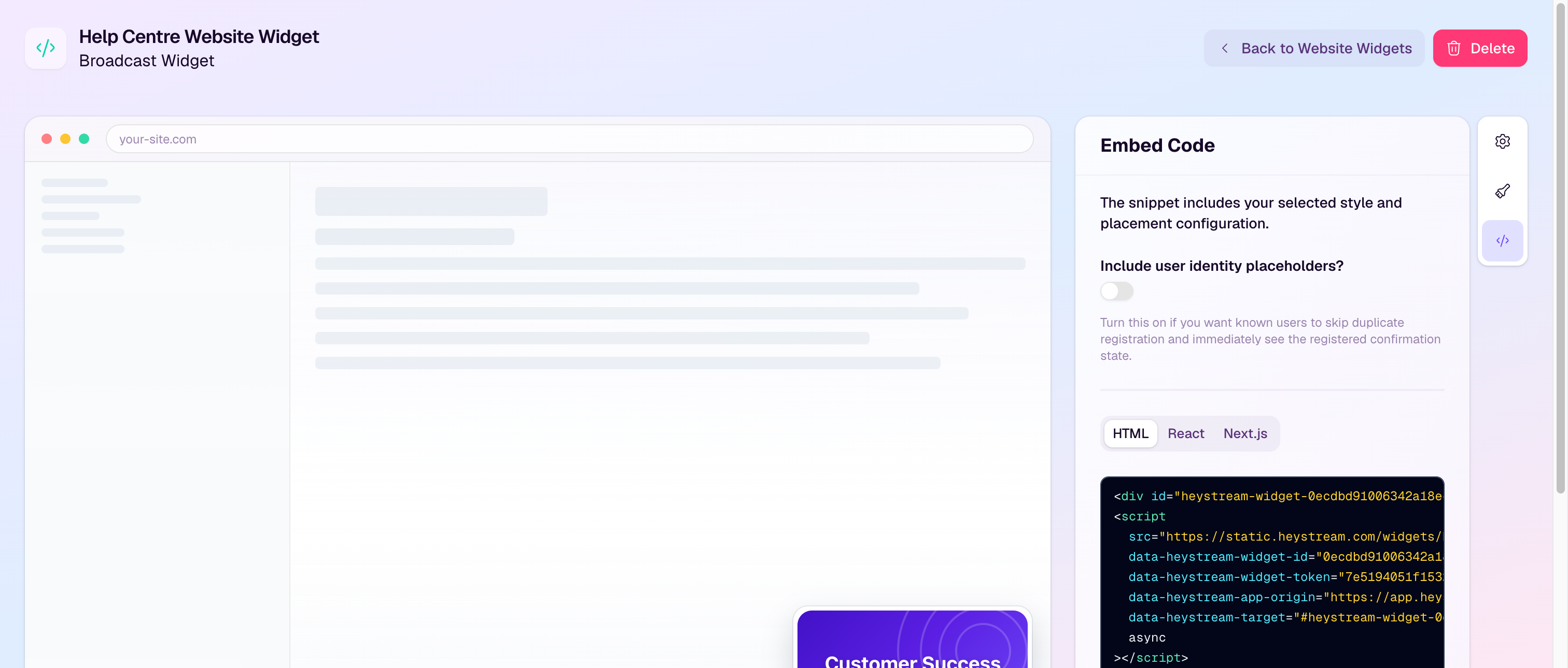 Website widget editor showing embed code and install tabs