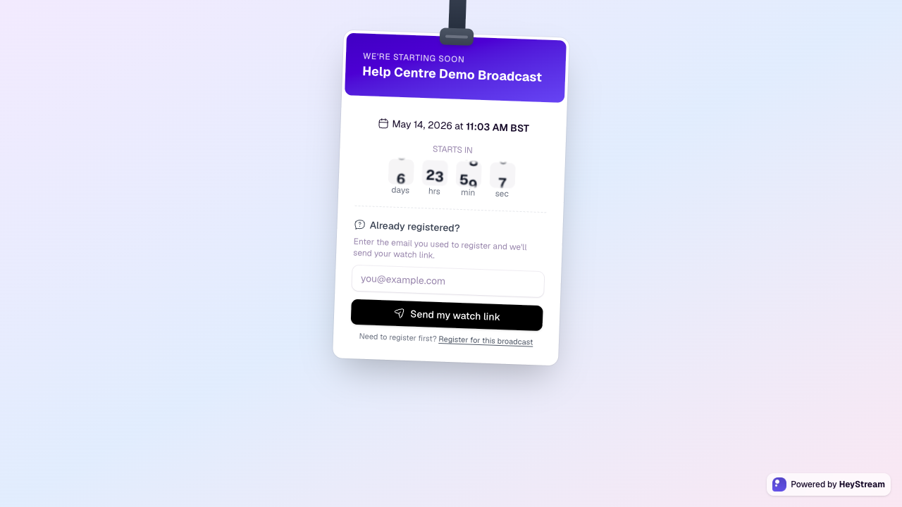 Watch access page where registered attendees can request a fresh watch link