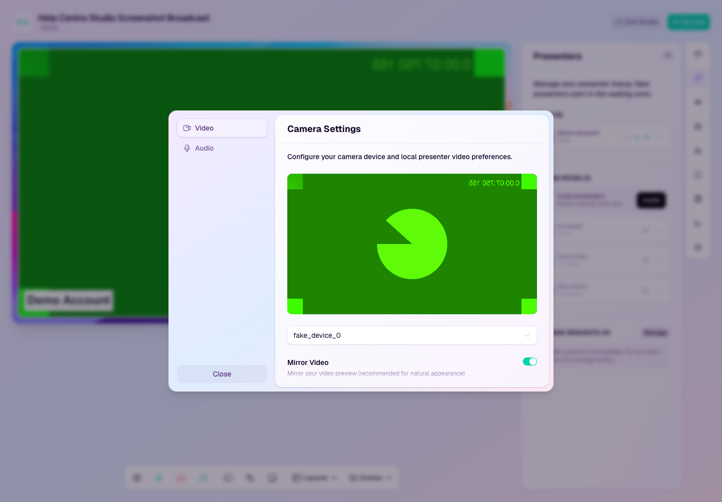 Studio device settings dialog showing camera preview and video options