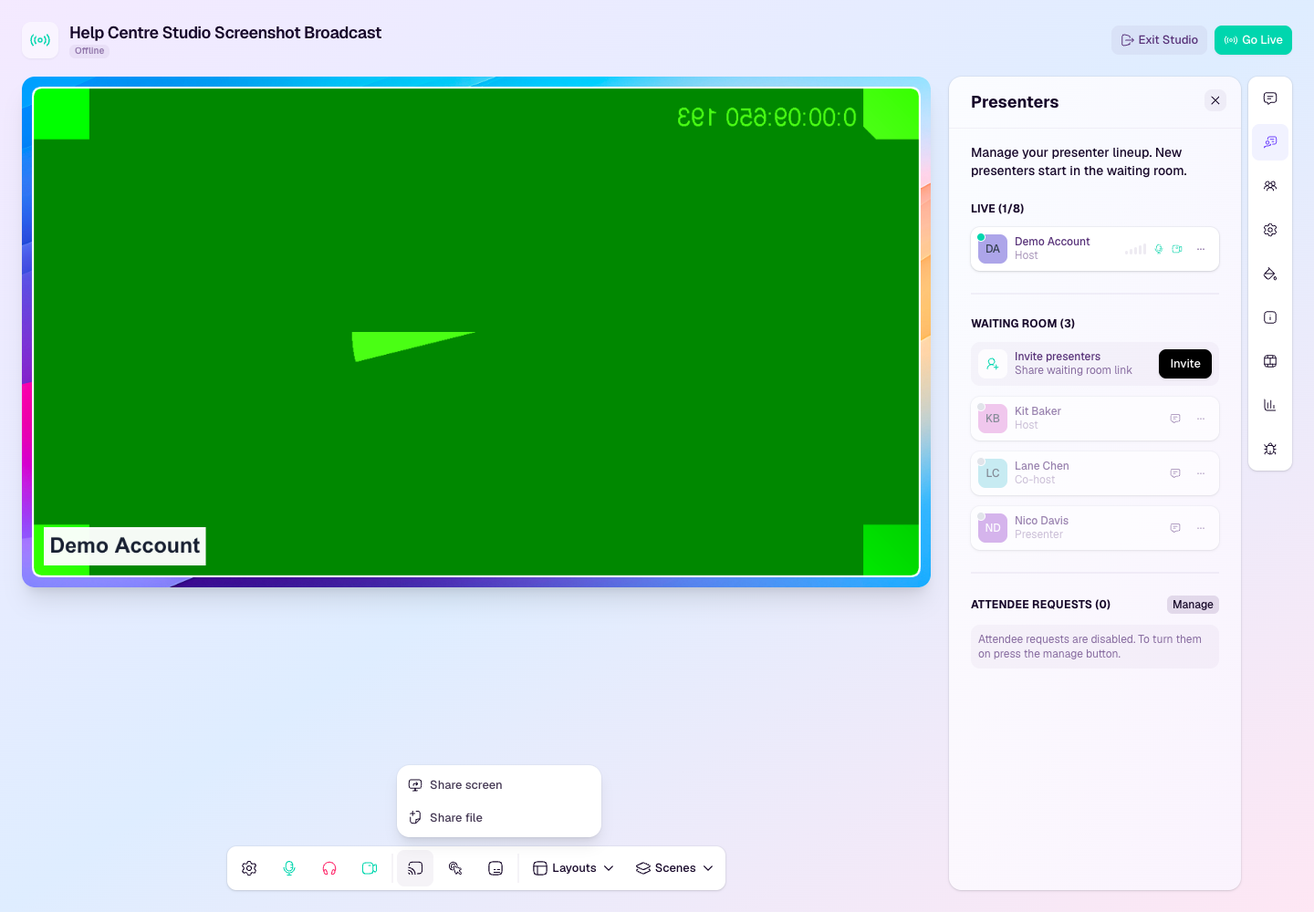 Studio media menu showing Share screen and Share file options