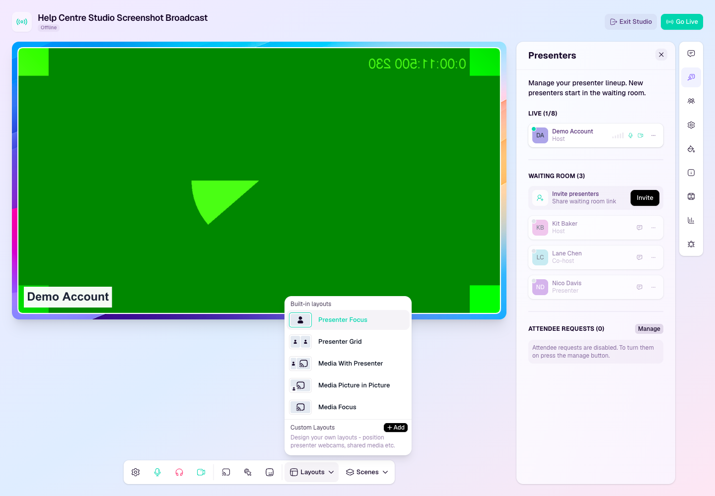 Studio layouts menu showing built-in layout presets and custom layout options