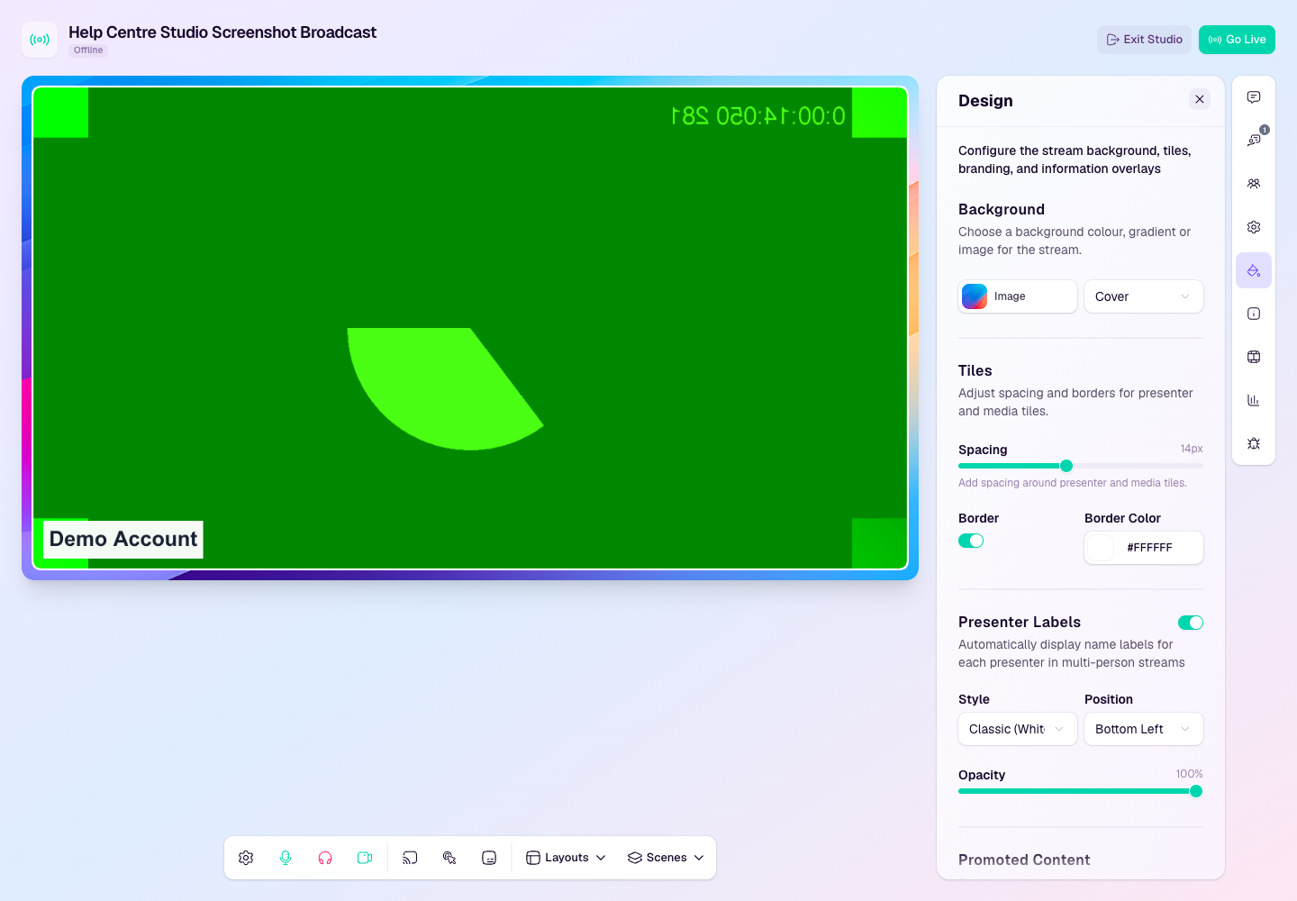 Studio Design panel showing background, tile, presenter label, and promoted content controls