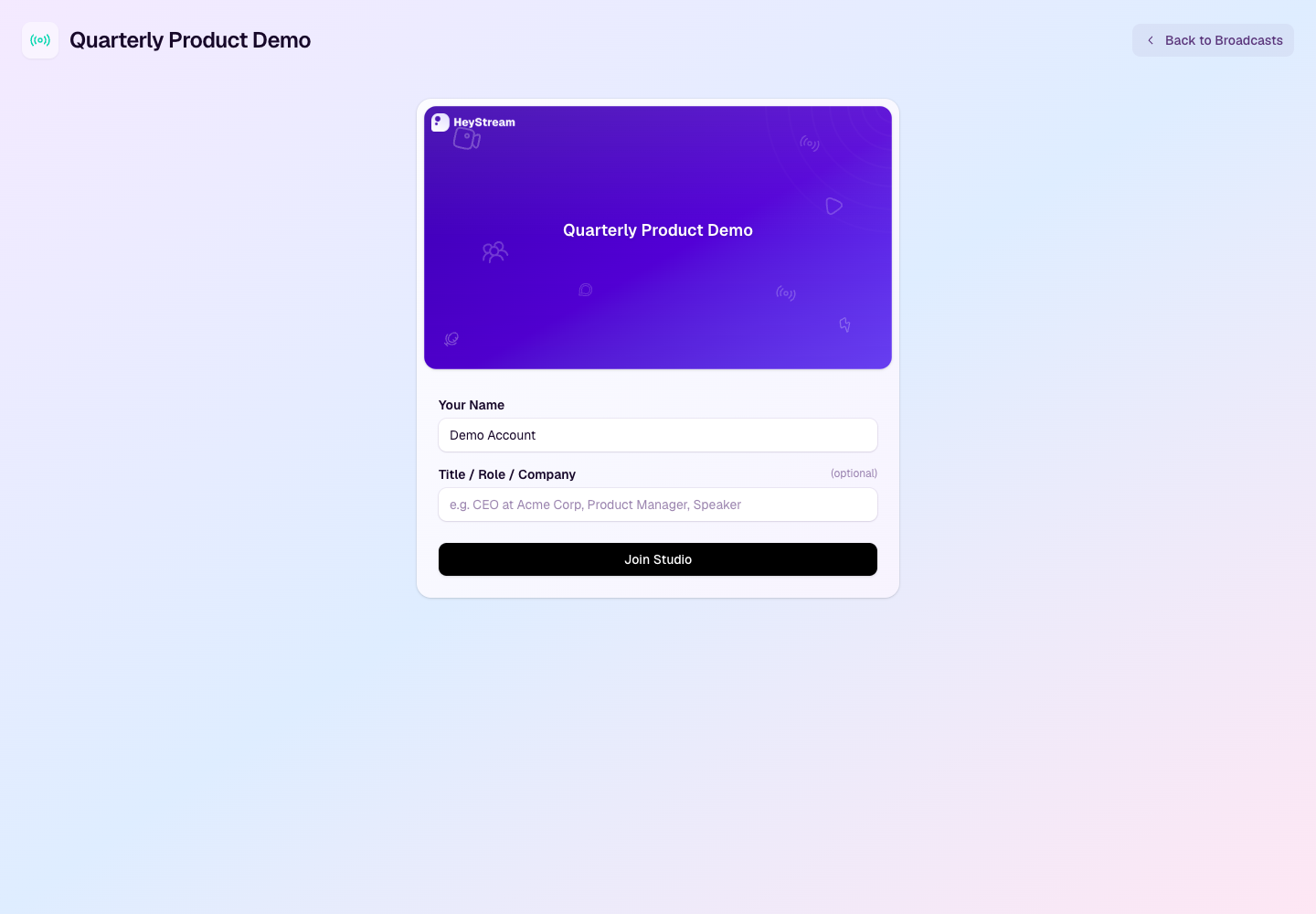 Studio join screen with name and title fields before entering the studio