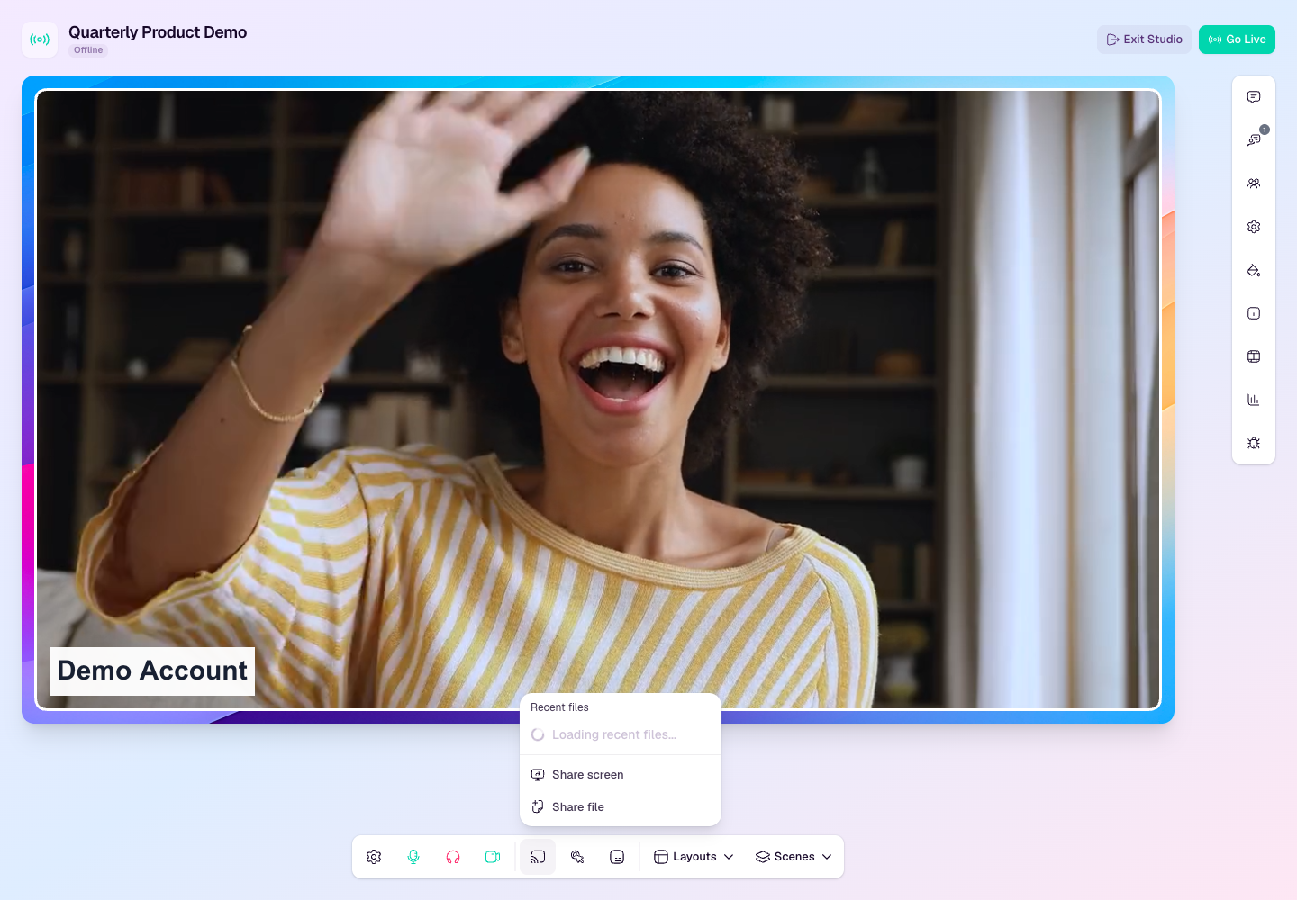 Studio media menu showing Share screen and Share file options