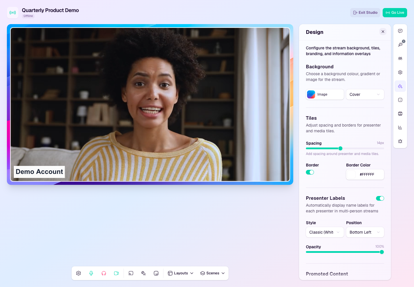 Studio Design panel showing background, tile, presenter label, and promoted content controls