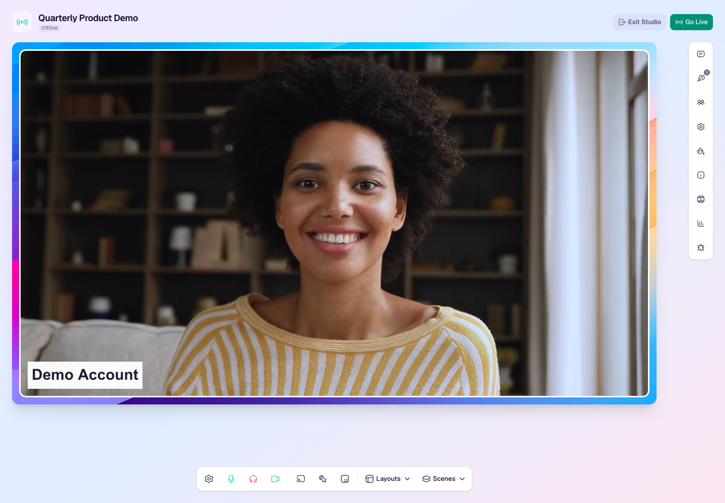 HeyStream studio showing the Go Live button and live production controls