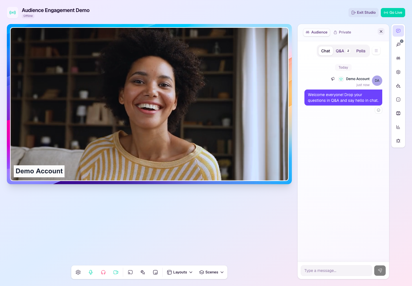 Studio Audience chat panel showing a live chat message and message input