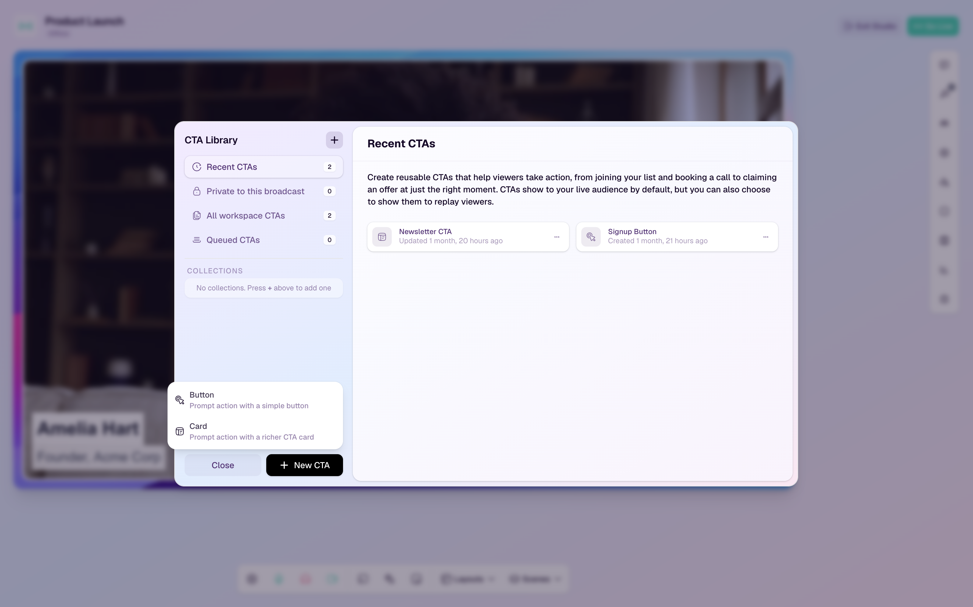 CTA Library dialog showing recent CTAs and workspace-level reusable CTAs