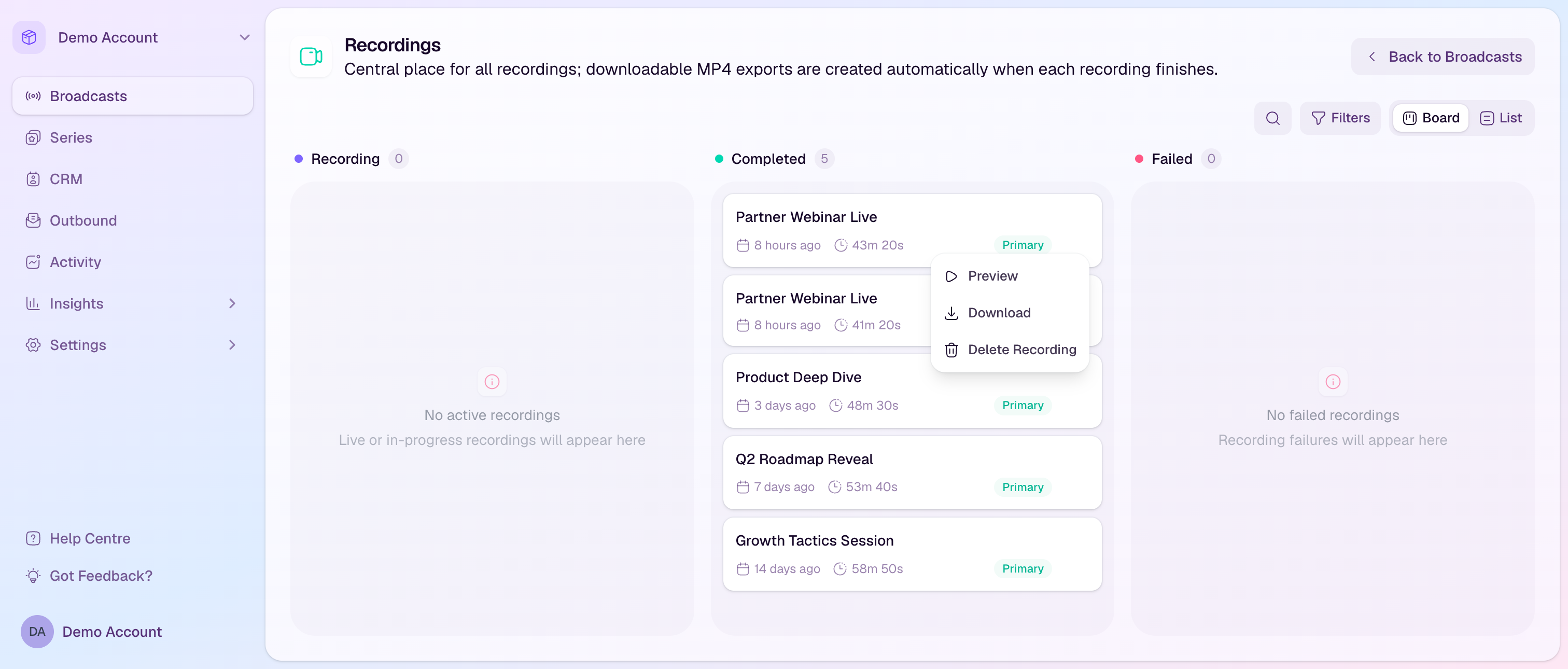 Recording actions menu showing Preview, Download, and Delete Recording options
