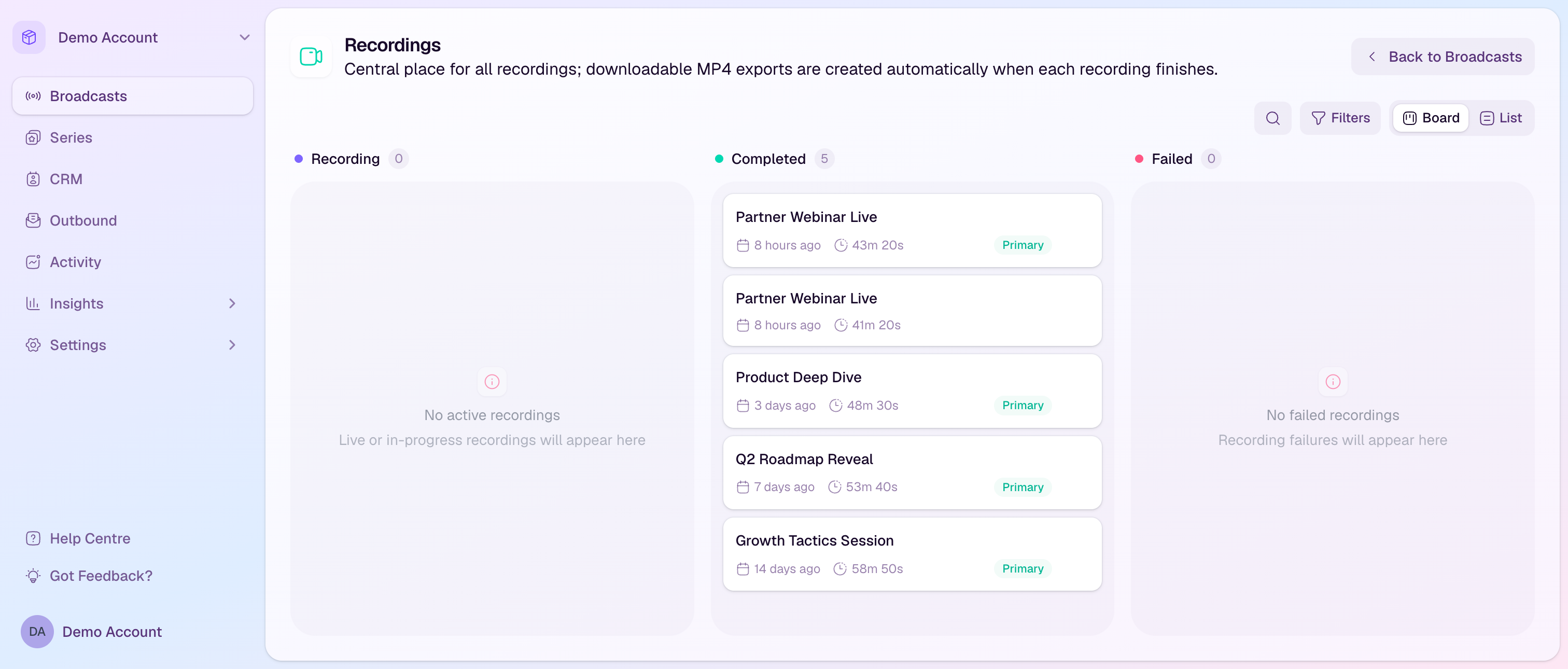 The HeyStream recordings page with completed and failed recording columns