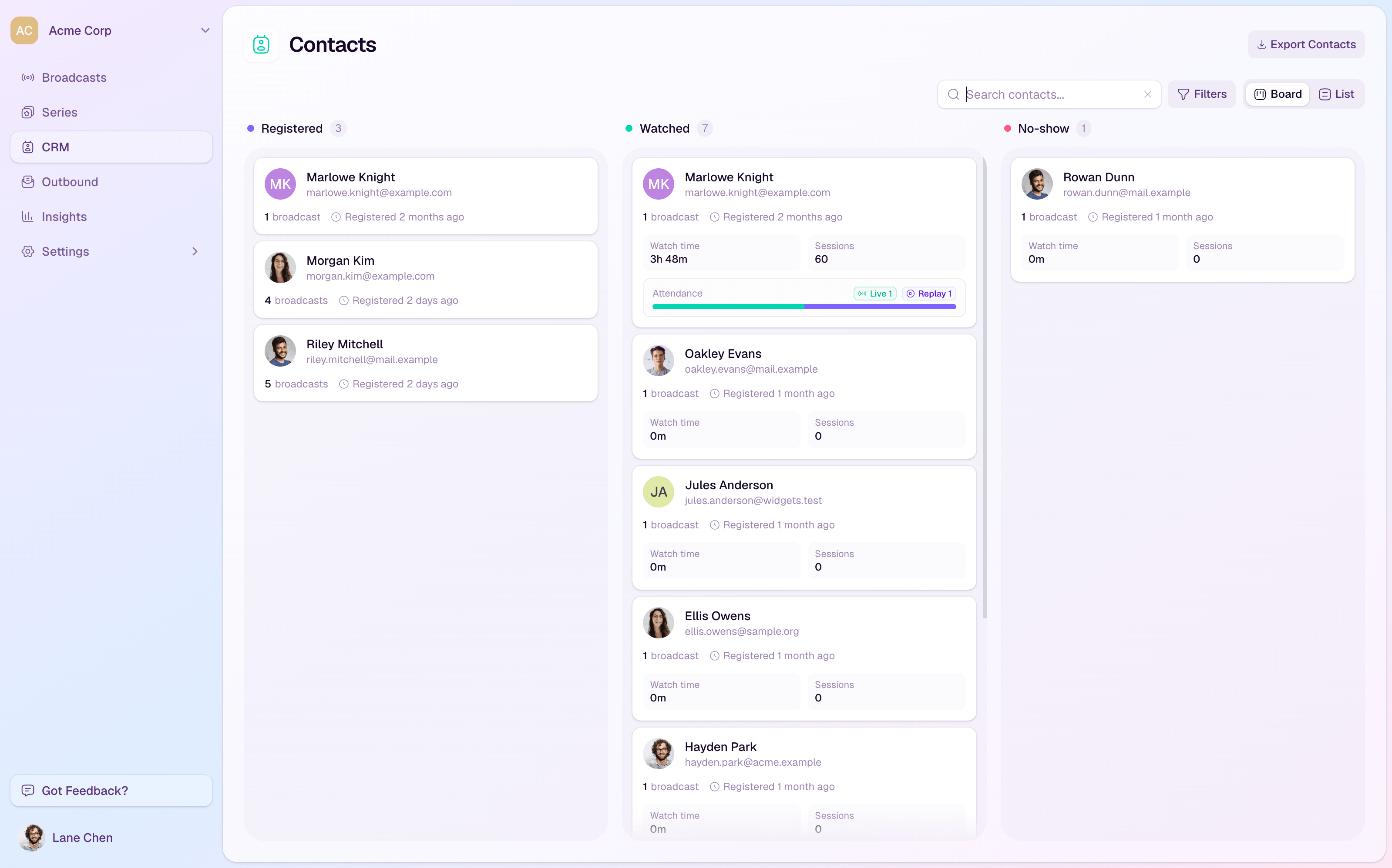 The HeyStream audience CRM board with Registered, Watched, and No-show columns