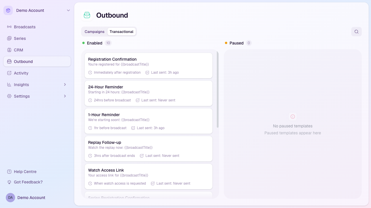 Outbound Transactional tab showing enabled lifecycle email templates