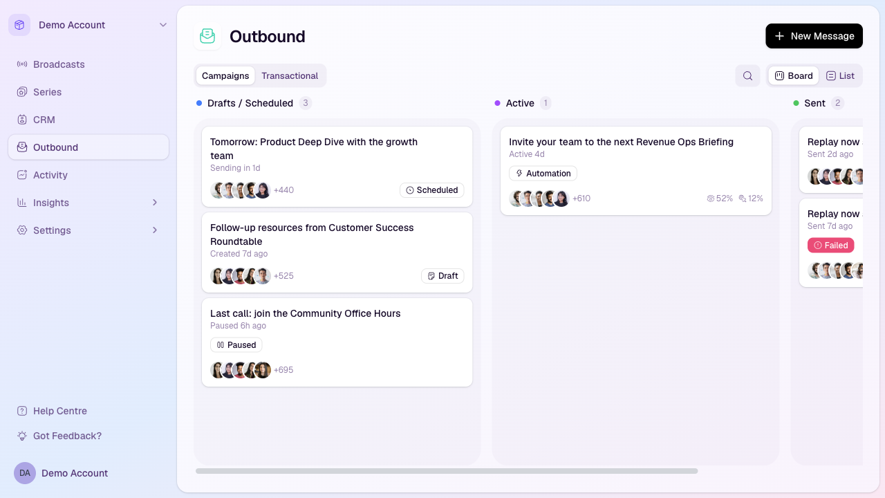 Outbound Campaigns board showing draft, active, and sent messages