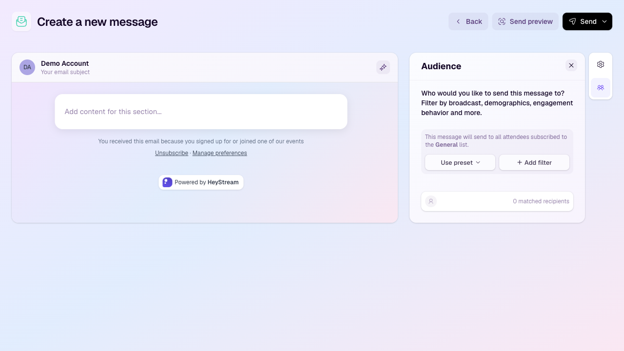 Outbound audience side rail with audience filter controls