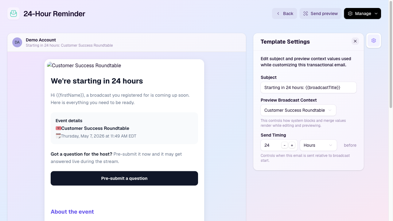 24-Hour Reminder transactional email template editor with template settings open