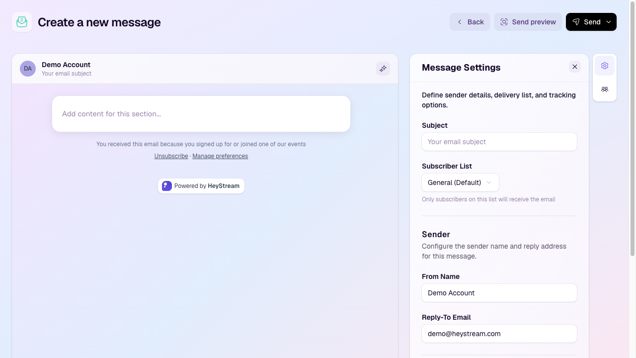 Outbound campaign composer with message settings open