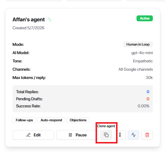 Clone agent interface showing the clone button