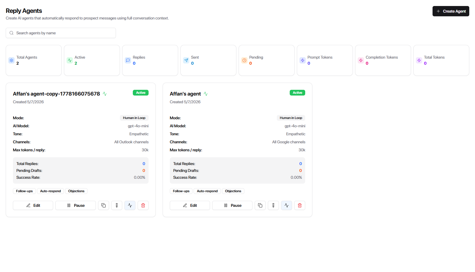 Successful clone confirmation on Reply Agents screen