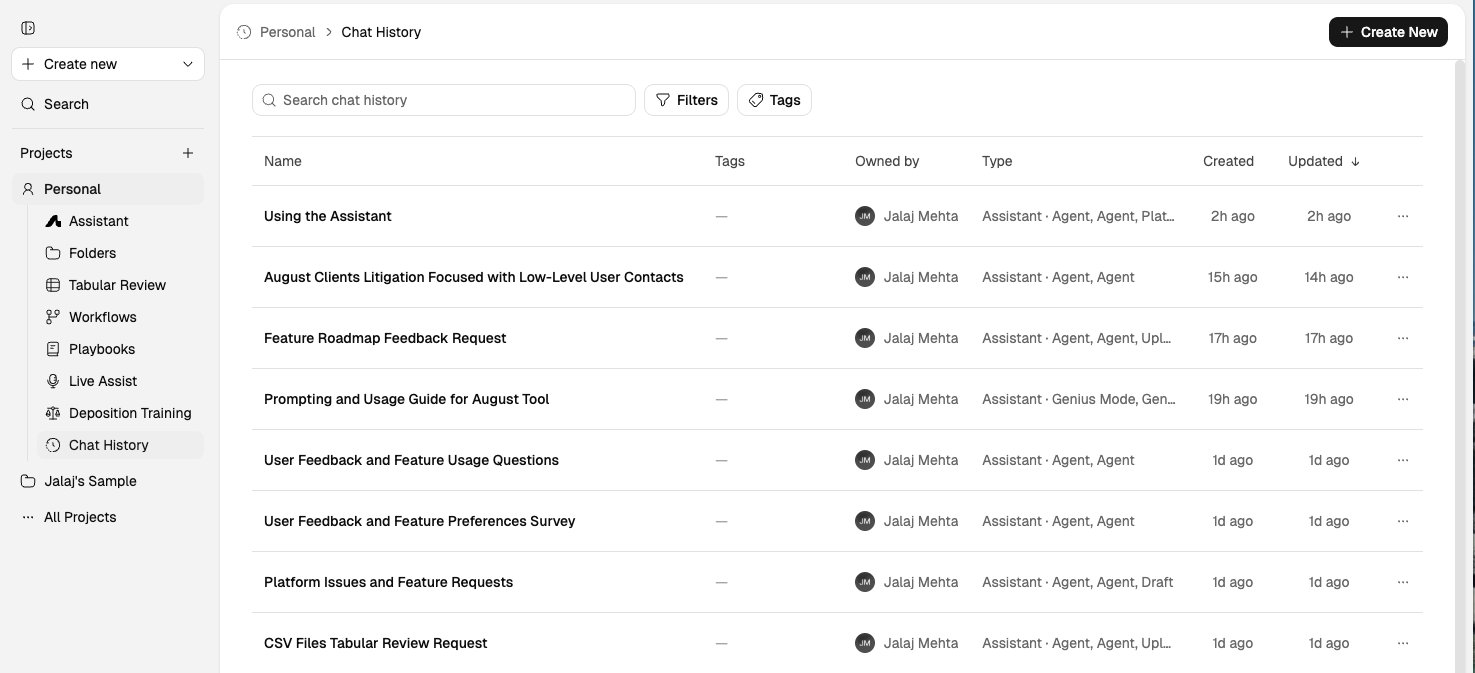 Chat history interface