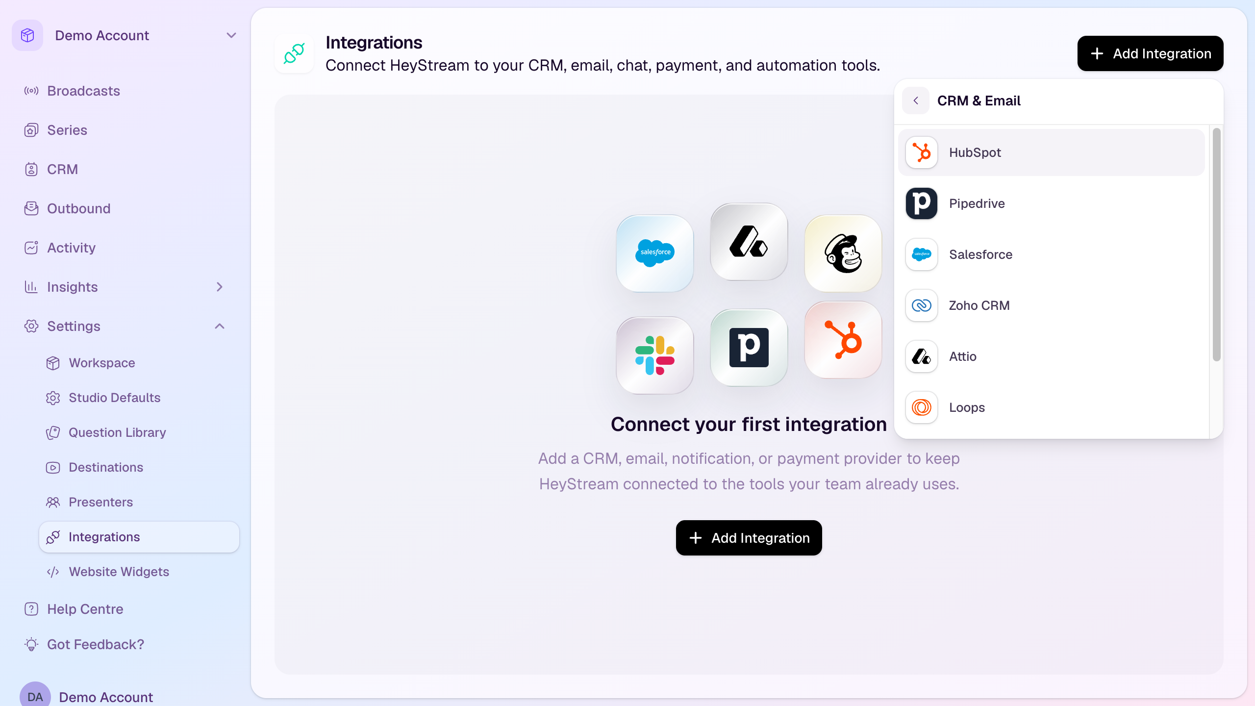 CRM and email provider list in the HeyStream integration picker
