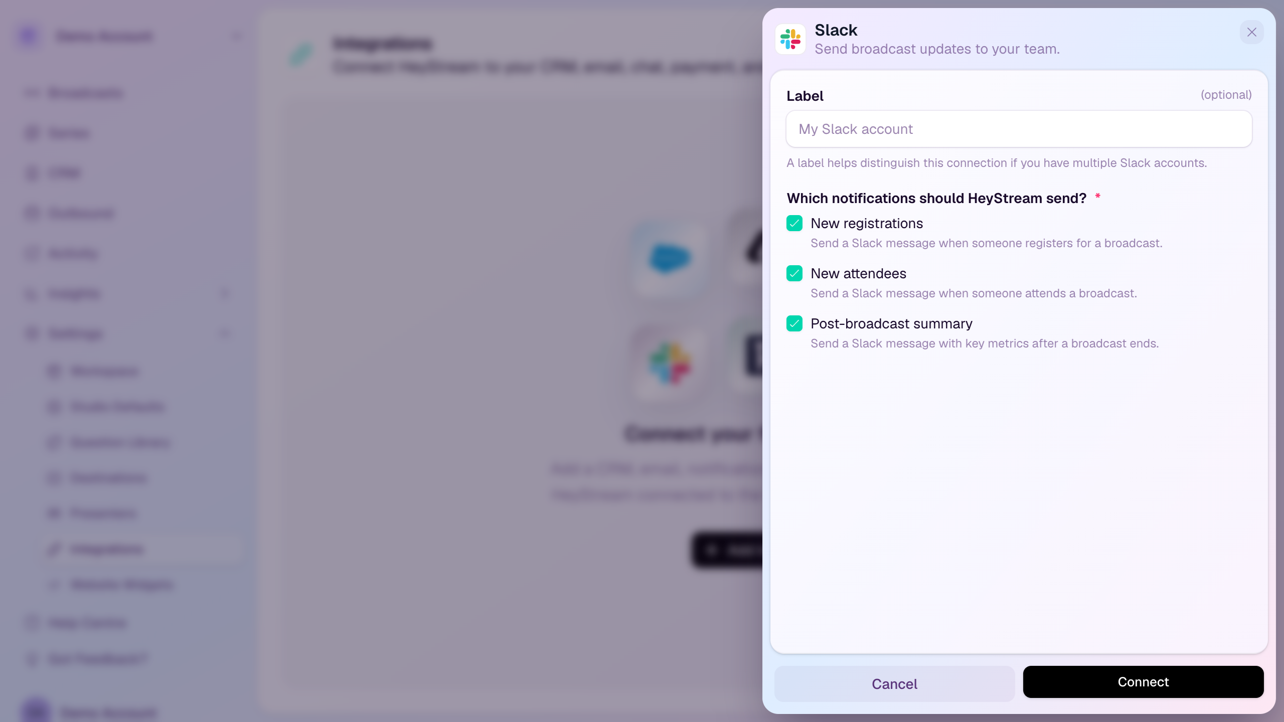 Slack integration setup drawer with notification event options