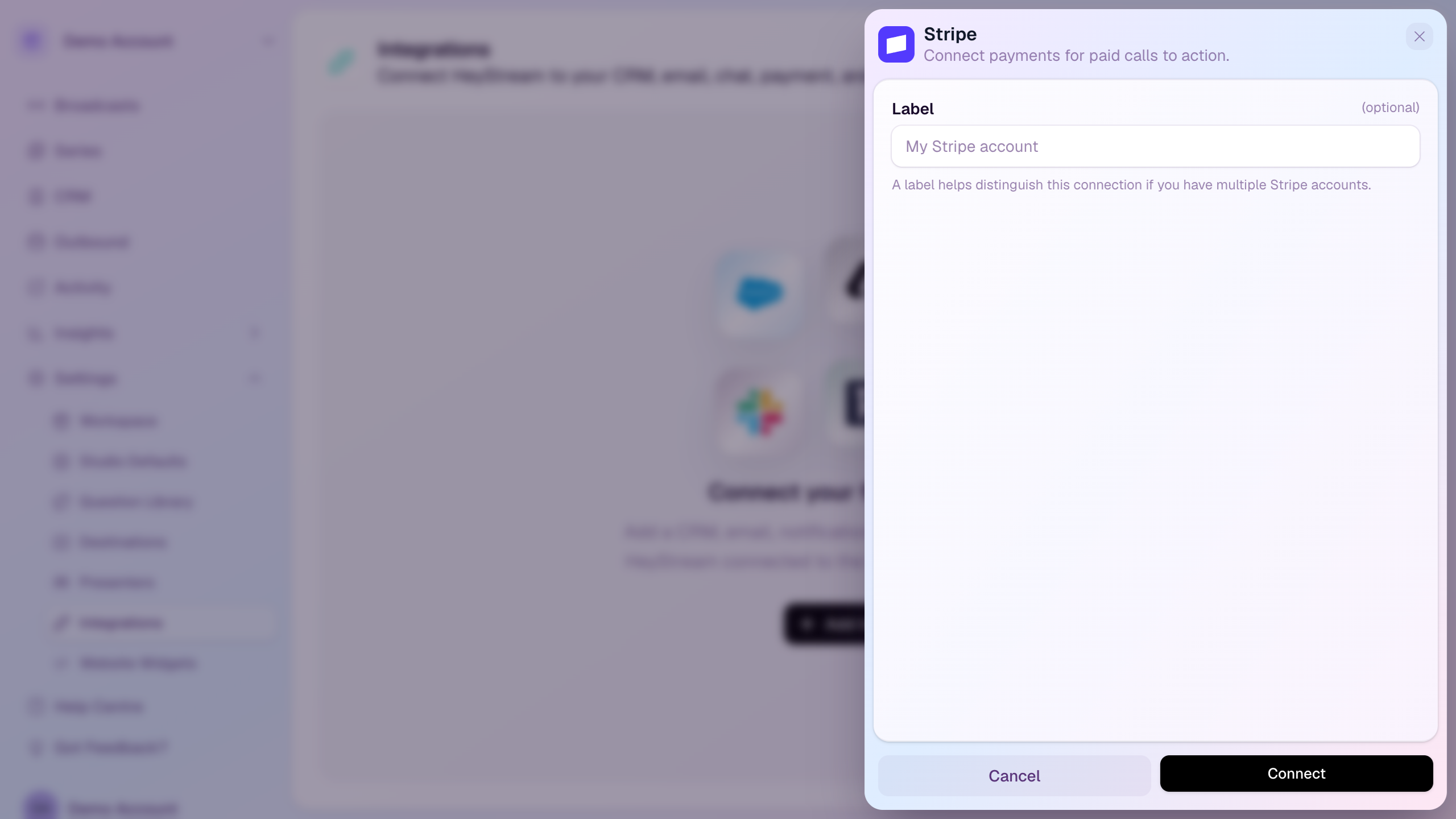 Stripe integration setup drawer in HeyStream