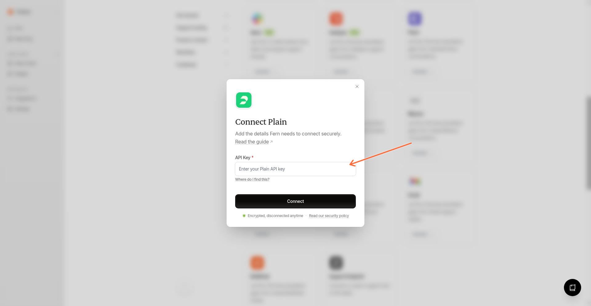 Plain connection modal with API key input field