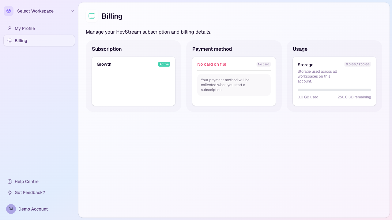 HeyStream billing and subscription page