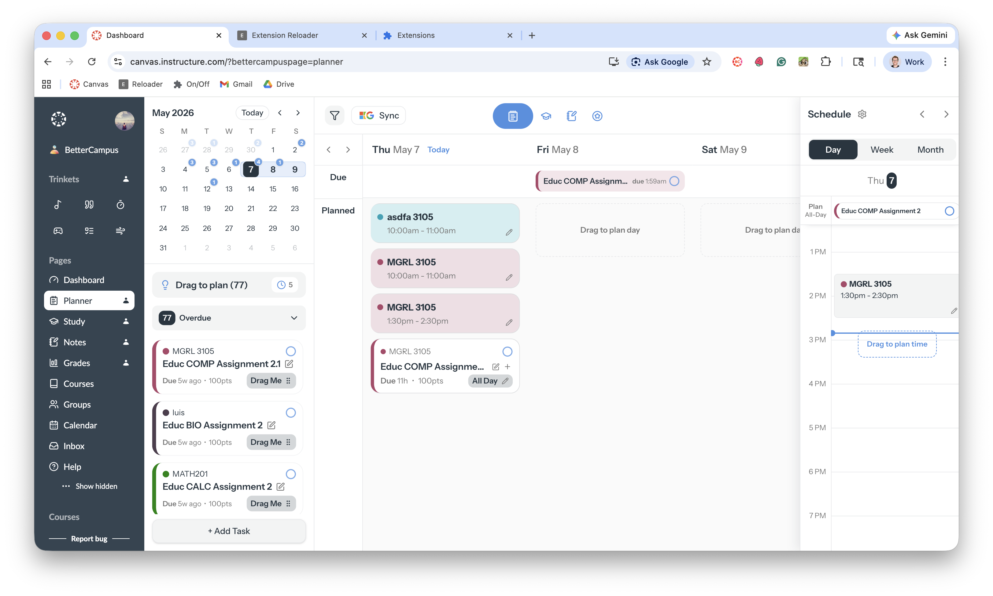 BetterCampus Planner showing the day view with overdue tasks in the left panel and a daily schedule on the right