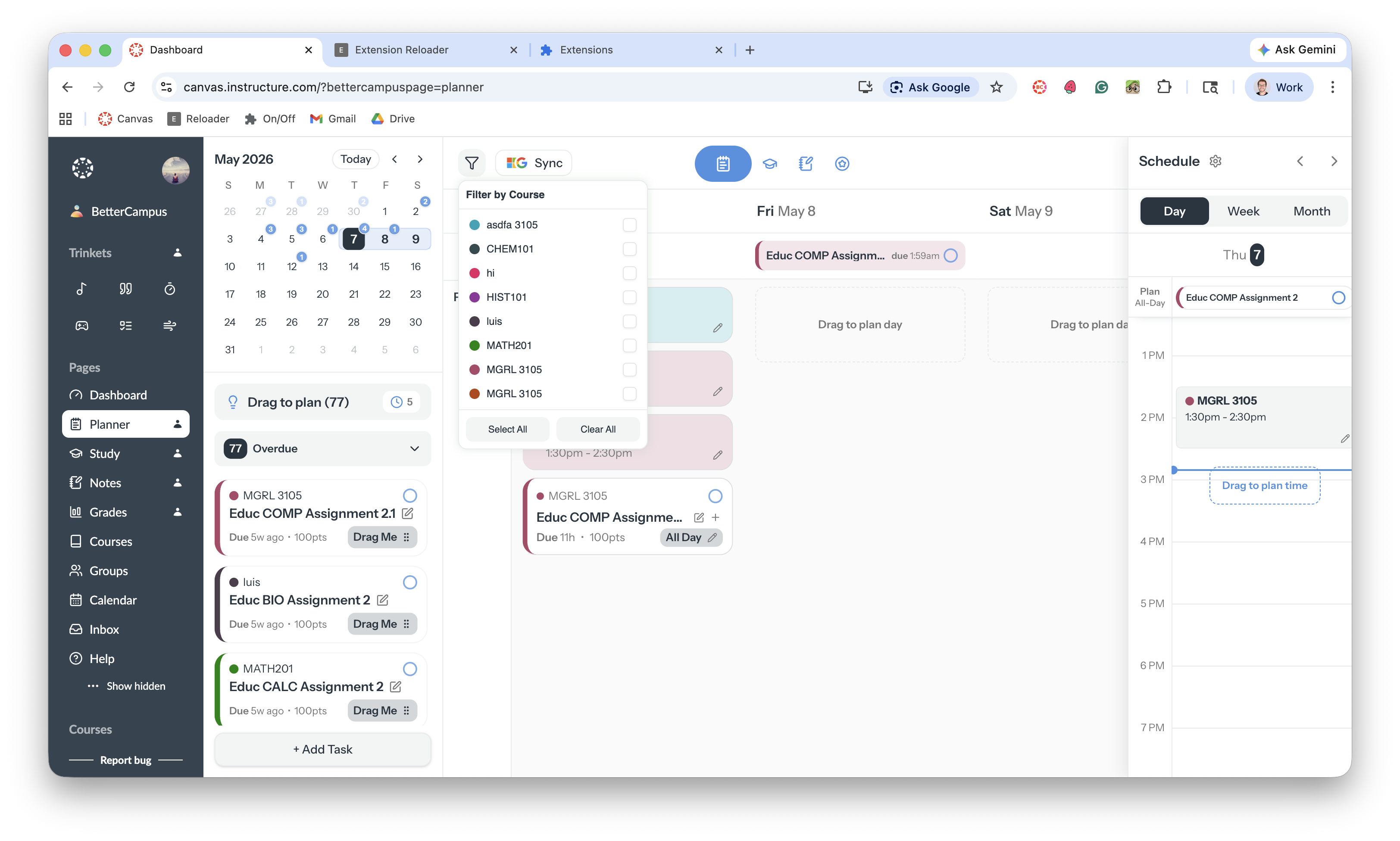 Filter by Course popup showing a list of courses with checkboxes