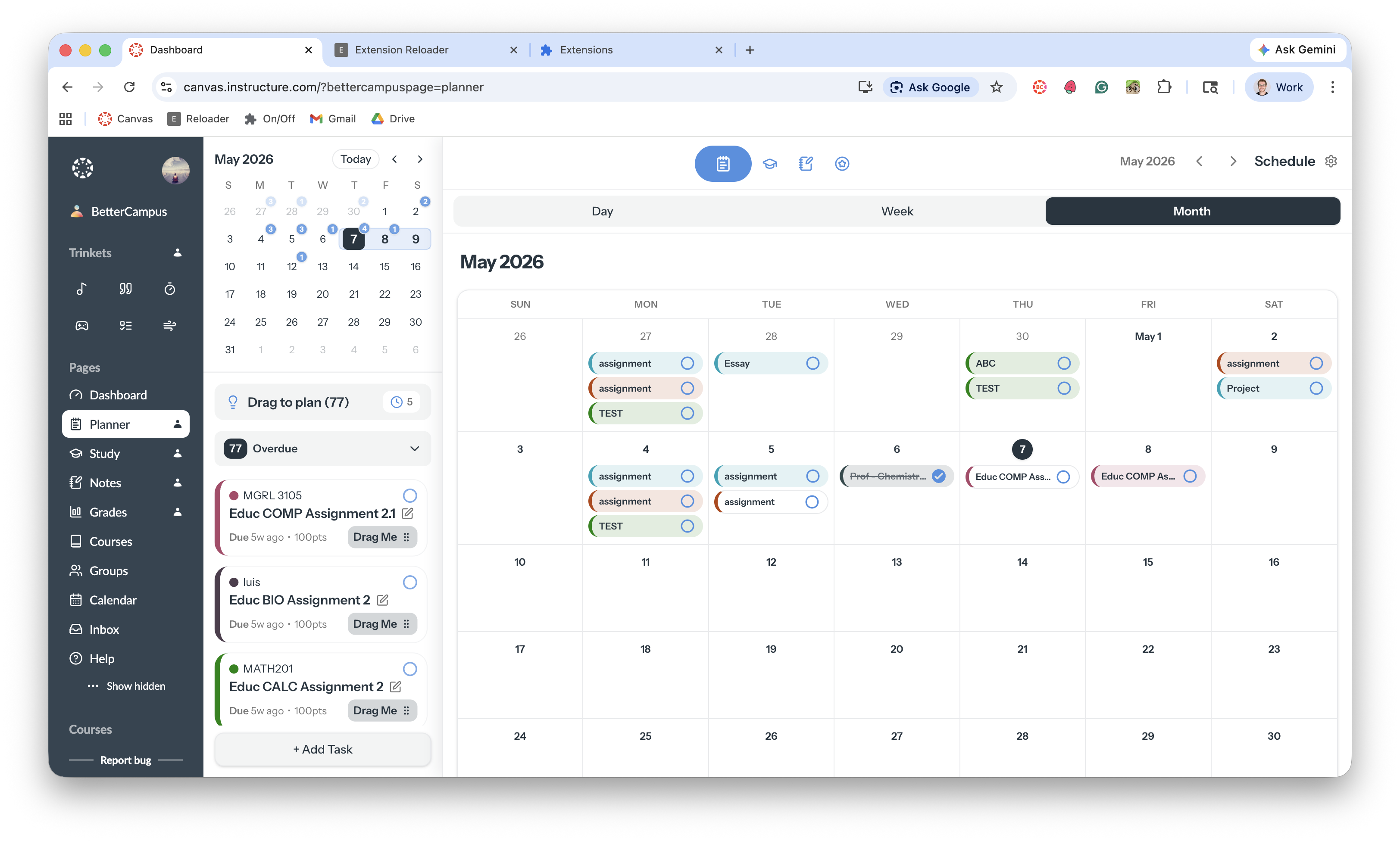 Planner Month view showing a full calendar grid with assignments placed on their due dates