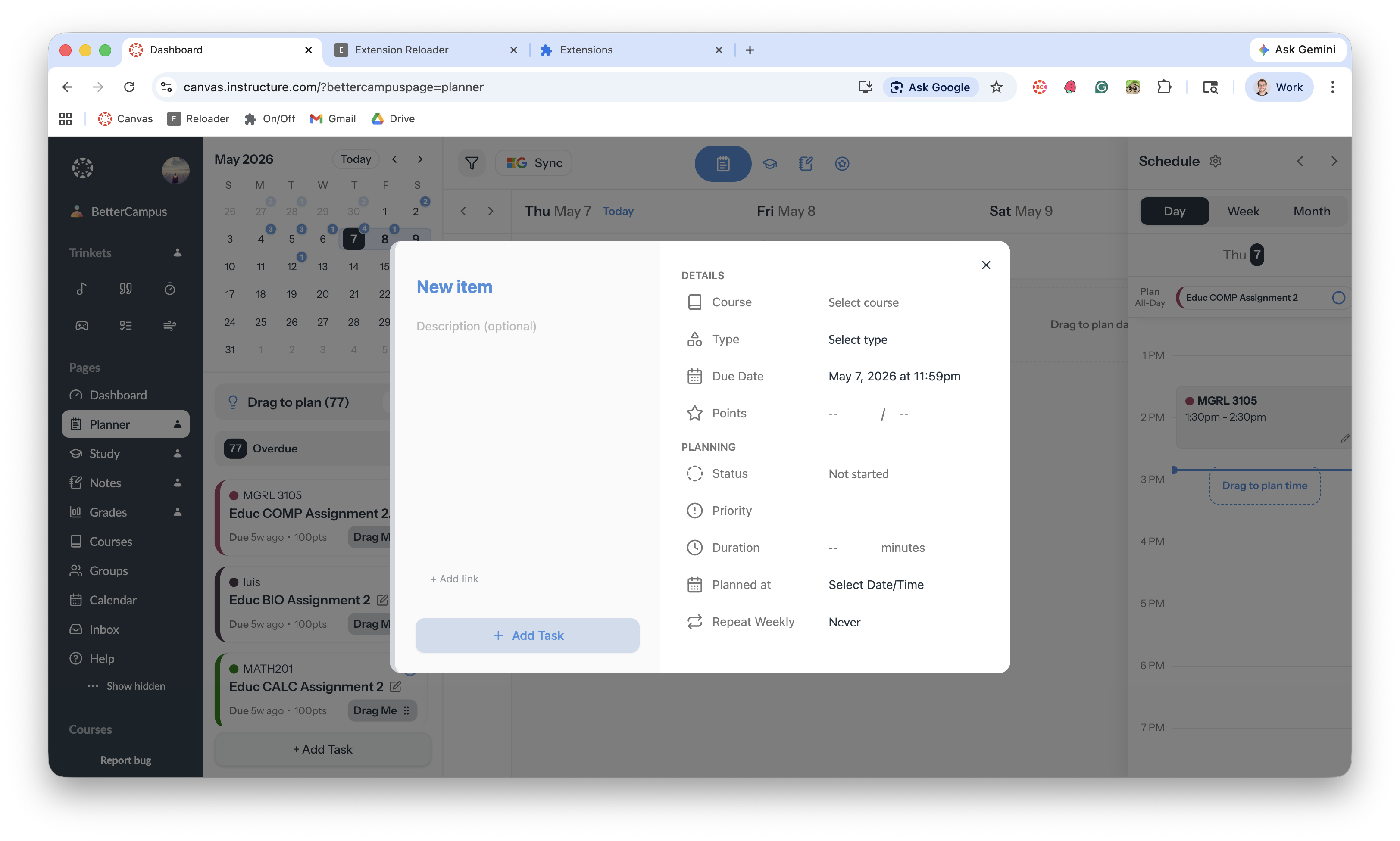 New task modal with fields for name, description, course, type, due date, priority, and duration