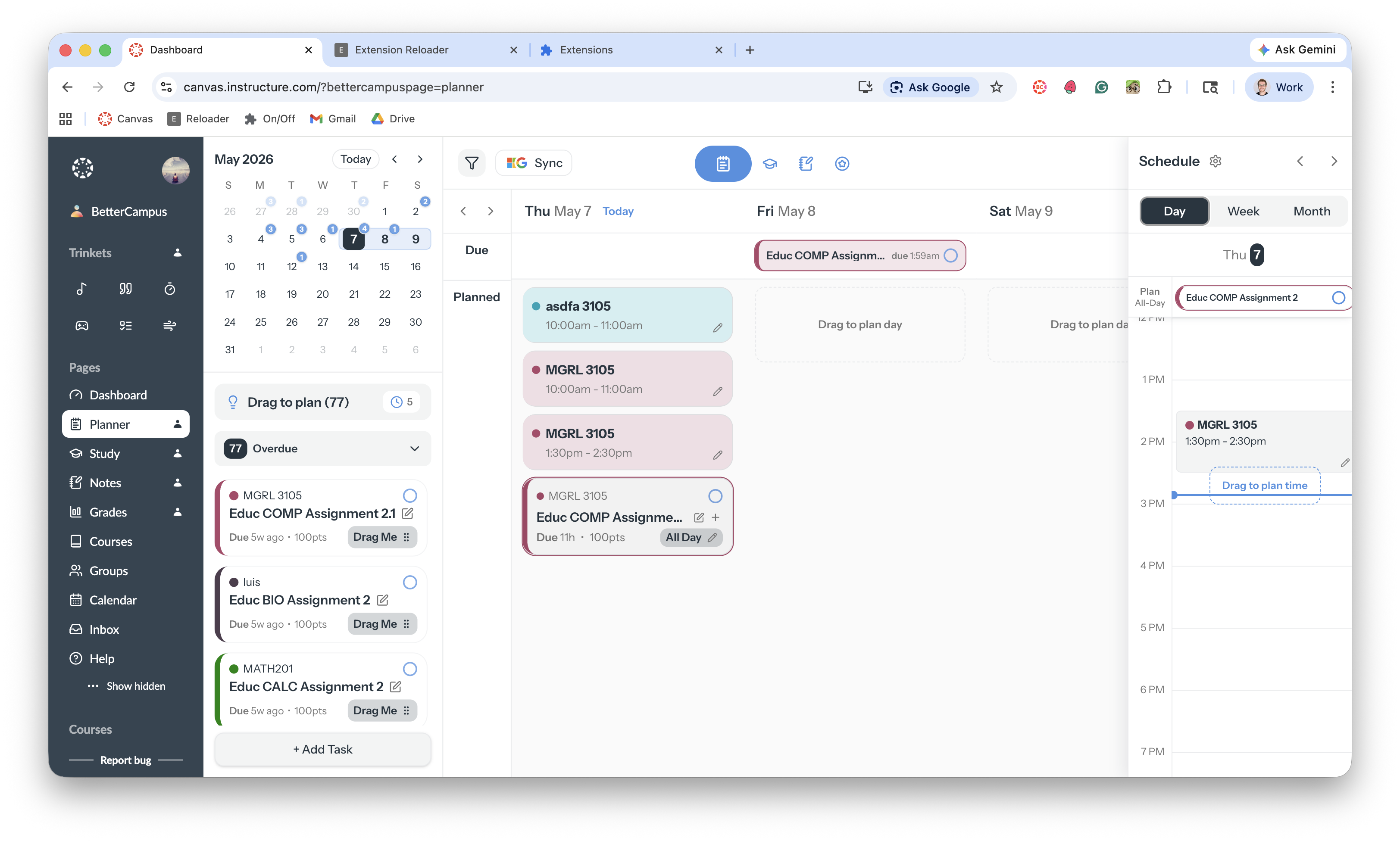 Dragging an assignment from the left task panel into the daily schedule columns