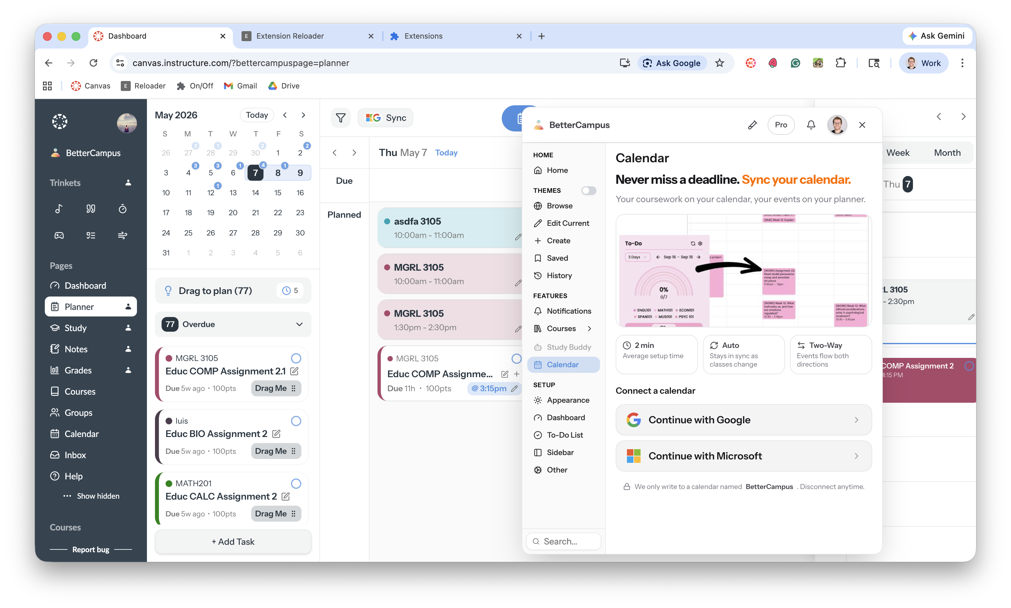 Calendar sync setup showing options to connect Google or Microsoft calendar with two-way sync