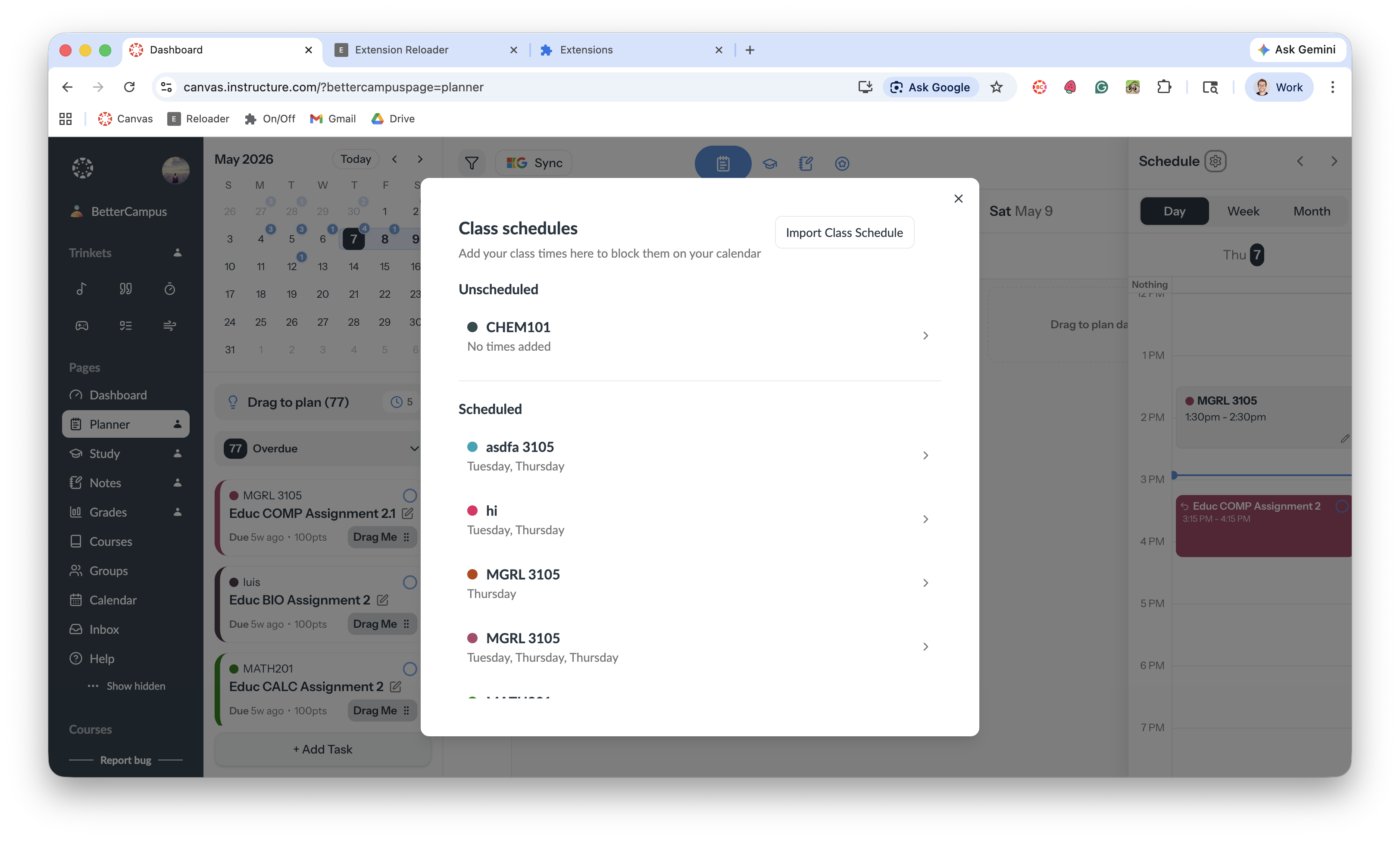 Class schedules modal showing Scheduled courses with meeting times and Unscheduled courses without times