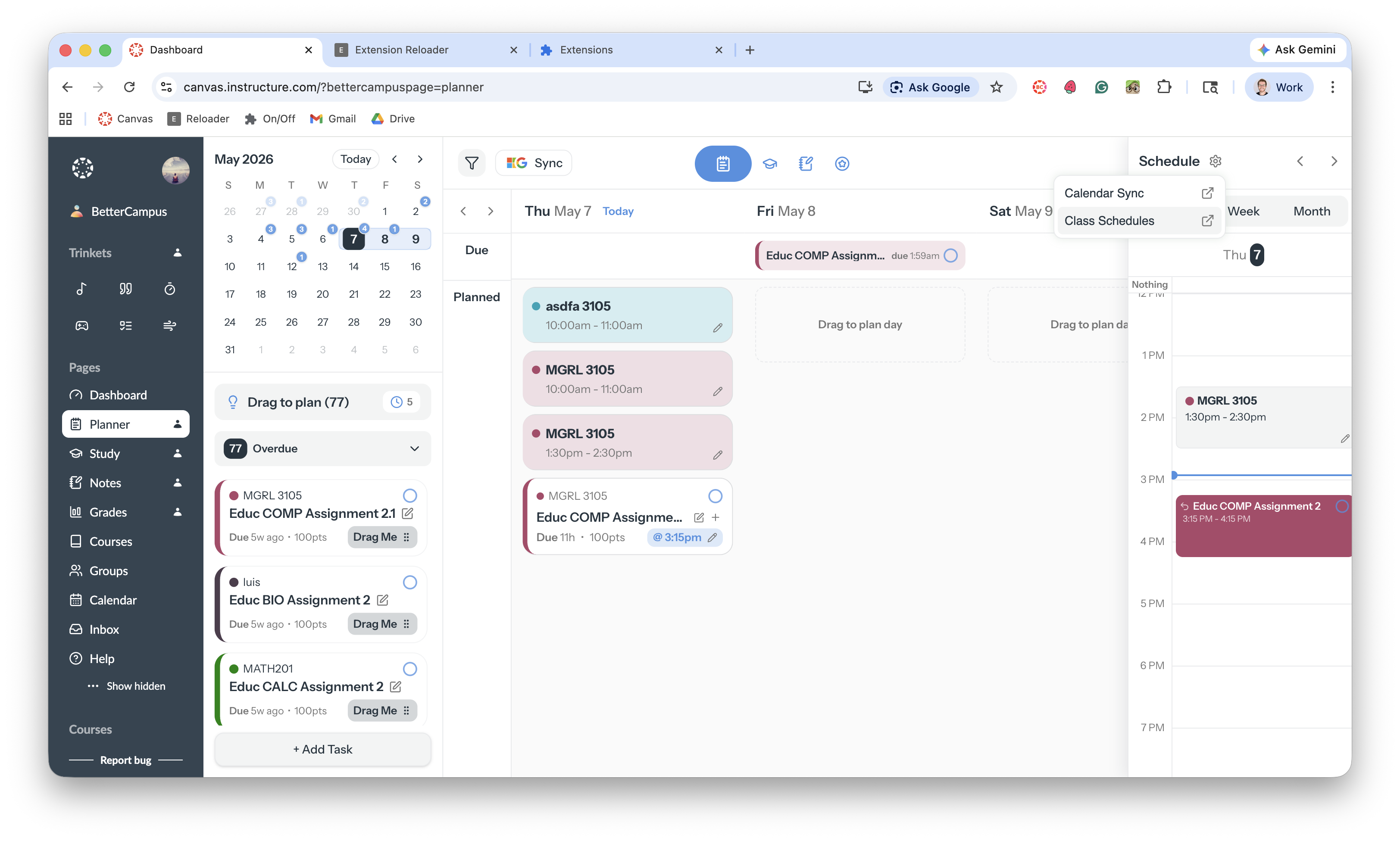 The Schedule dropdown in BetterCampus Planner showing Calendar Sync and Class Schedules options