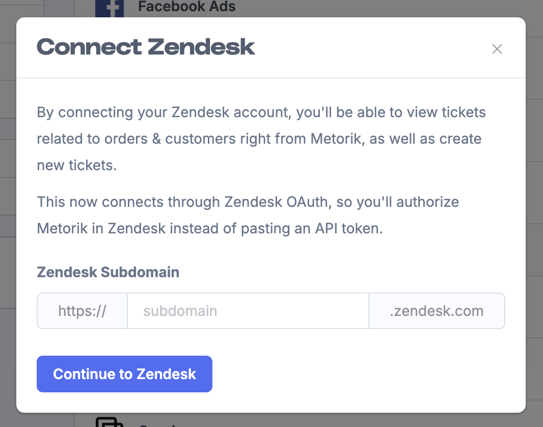 Enter your Zendesk subdomain in the connection modal
