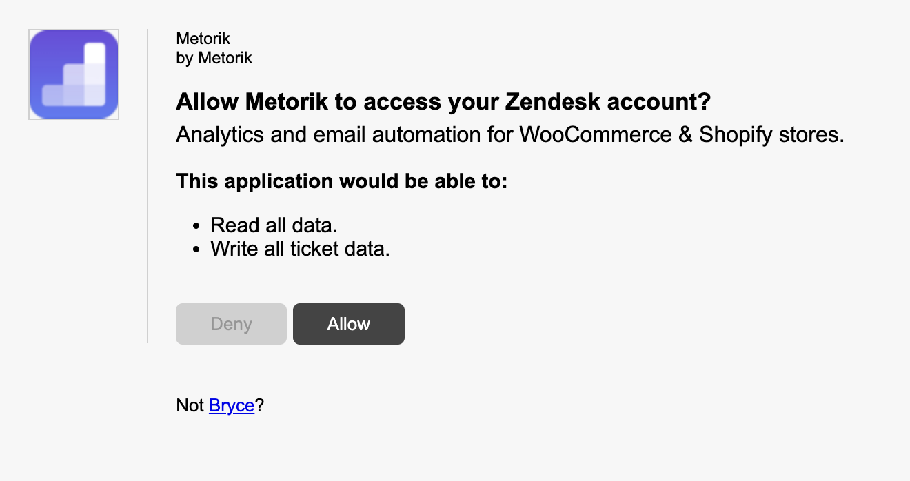 Zendesk authorization screen to approve Metorik access