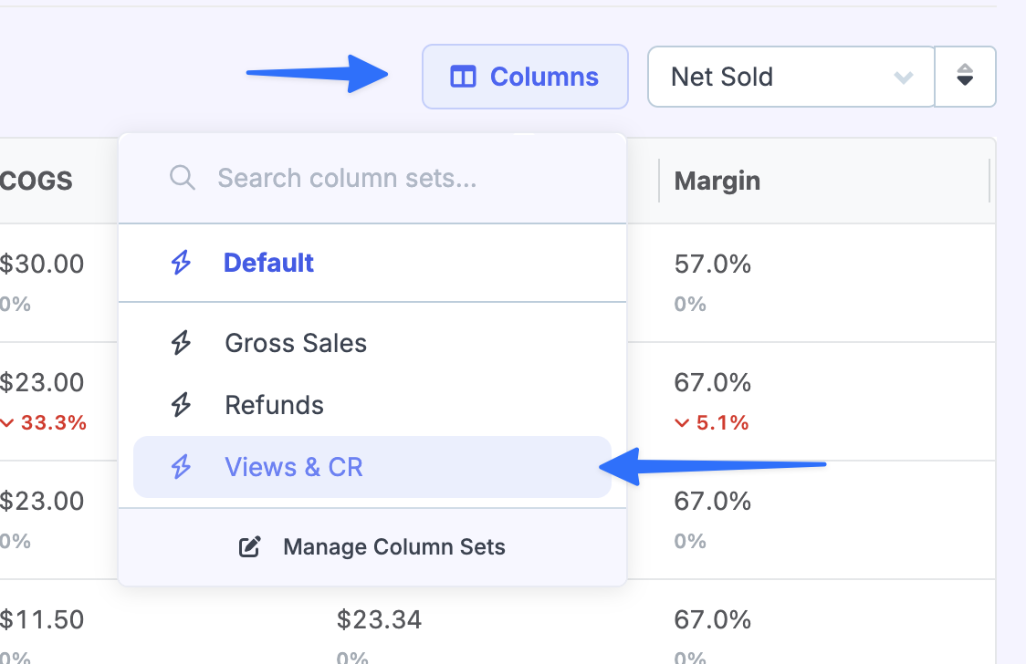 Select the Views & CR column set from the Columns menu
