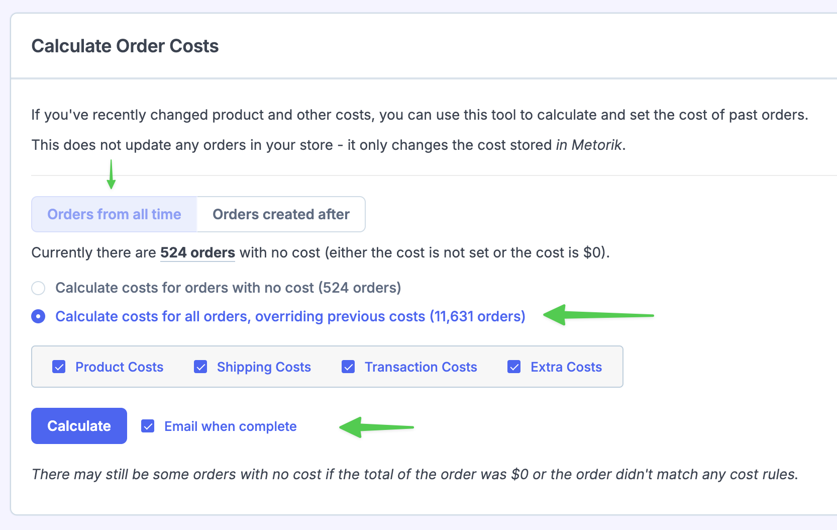 Cost Tools page showing the Calculate button